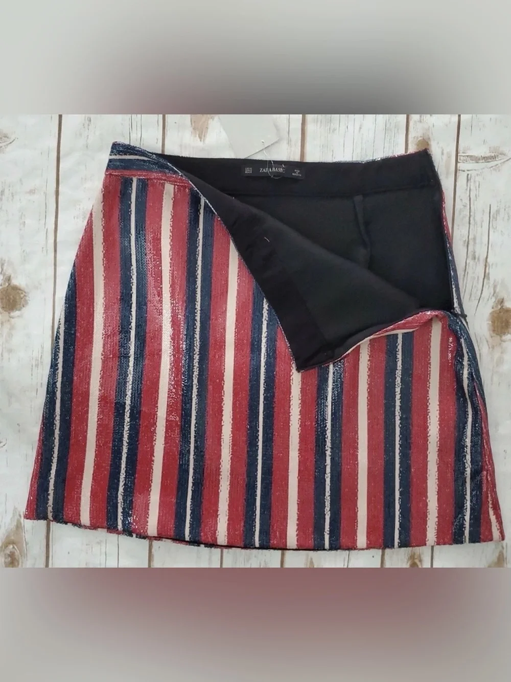 Rare EUC Zara Sequin Striped Skirt - Red, Navy & White - Size Small